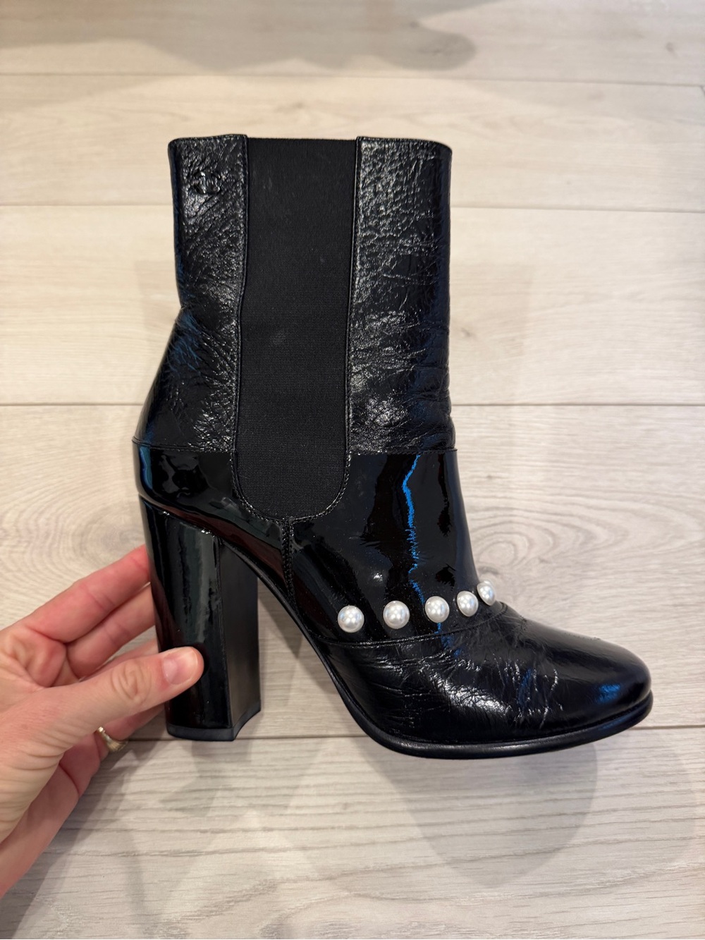 Chanel faux pearl heeled boots